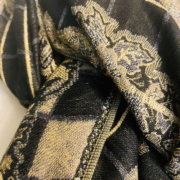 Vintage Pashmina Viscose Shawl 1990s, Black & Gold Floral Jacquard, Large - Picture 4 of 15